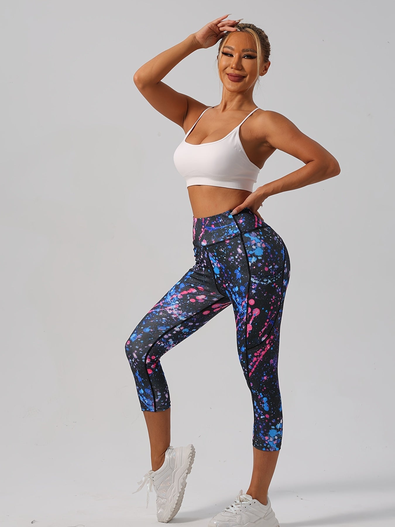 Five Random Printed Yoga Pants Set With Pockets Polyester Elastane