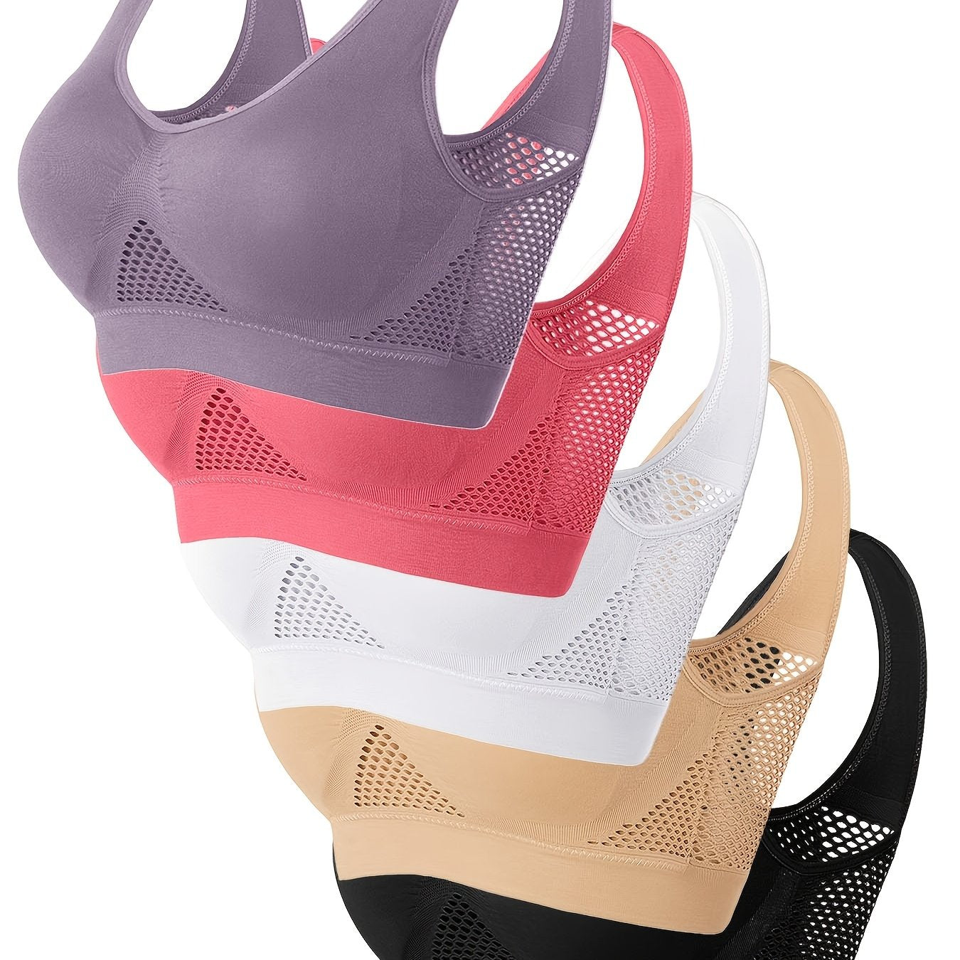 5pcs of Sports Bras, Solid Color