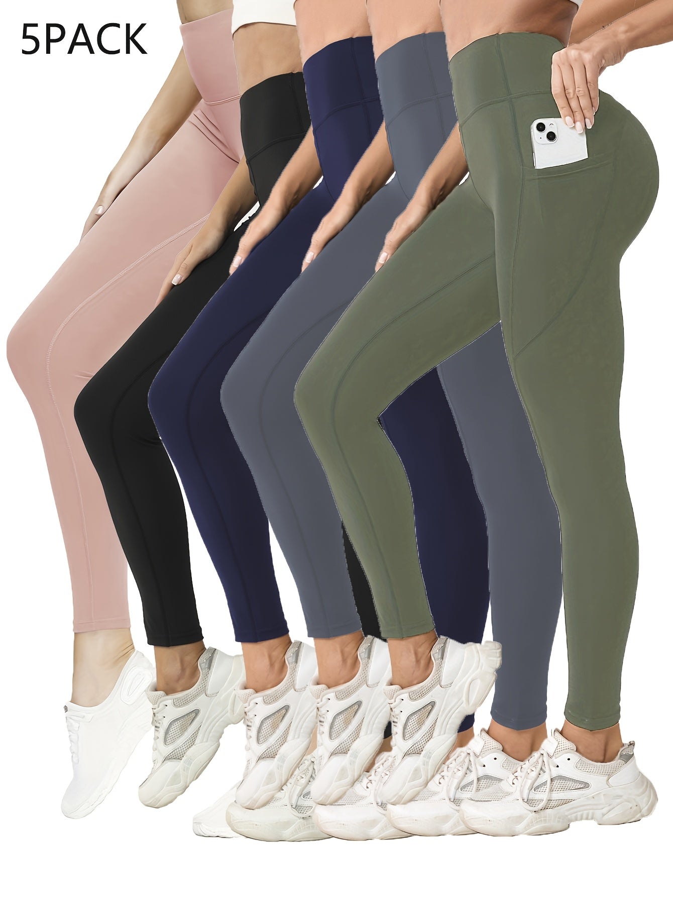 Set of 5 Ultra-Soft Printed Leggings for Women with Pockets,