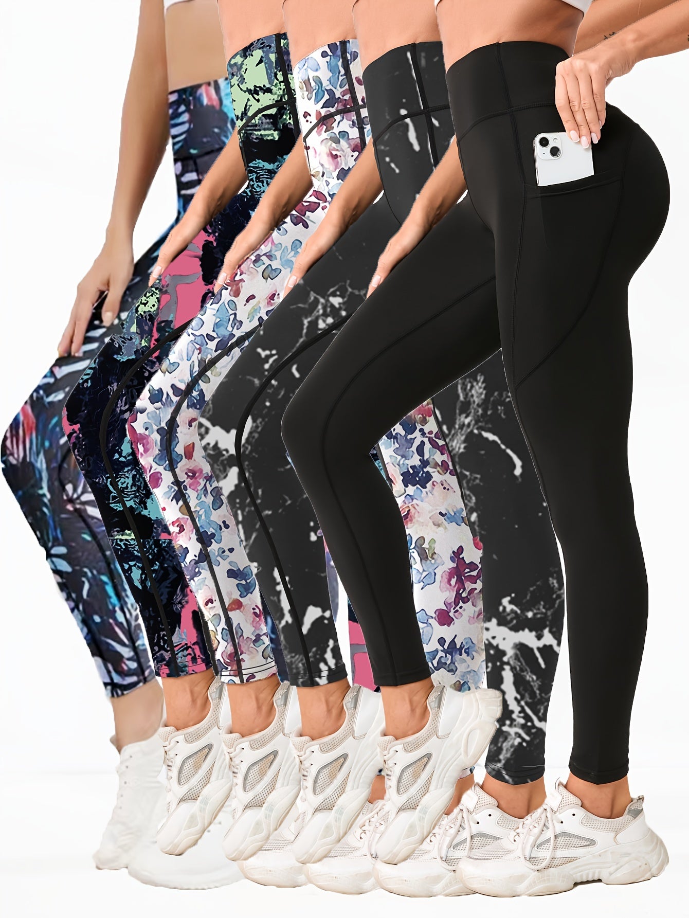 Set of 5 Ultra-Soft Printed Leggings for Women with Pockets,