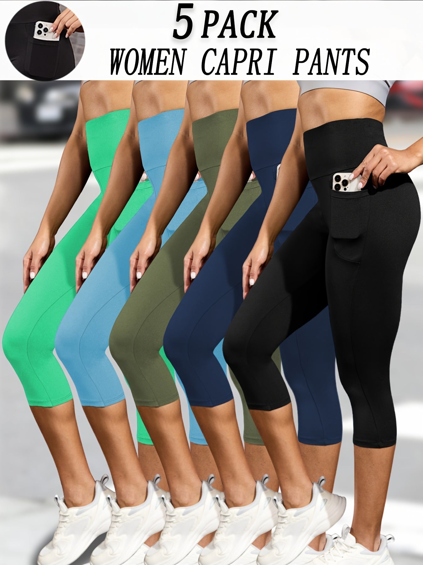 5 Pack Women'S High-Waisted Capri Pants with Pockets,