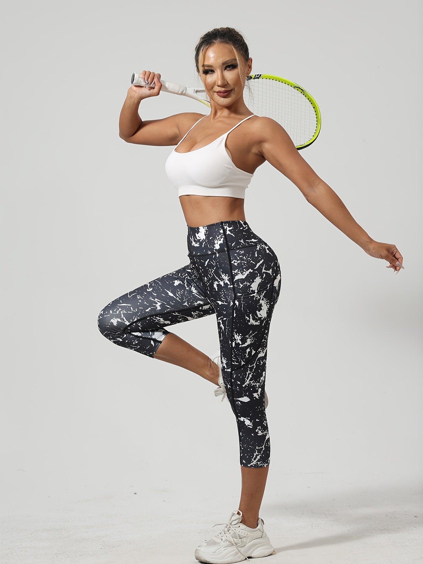 Five Random Printed Yoga Pants Set With Pockets Polyester Elastane