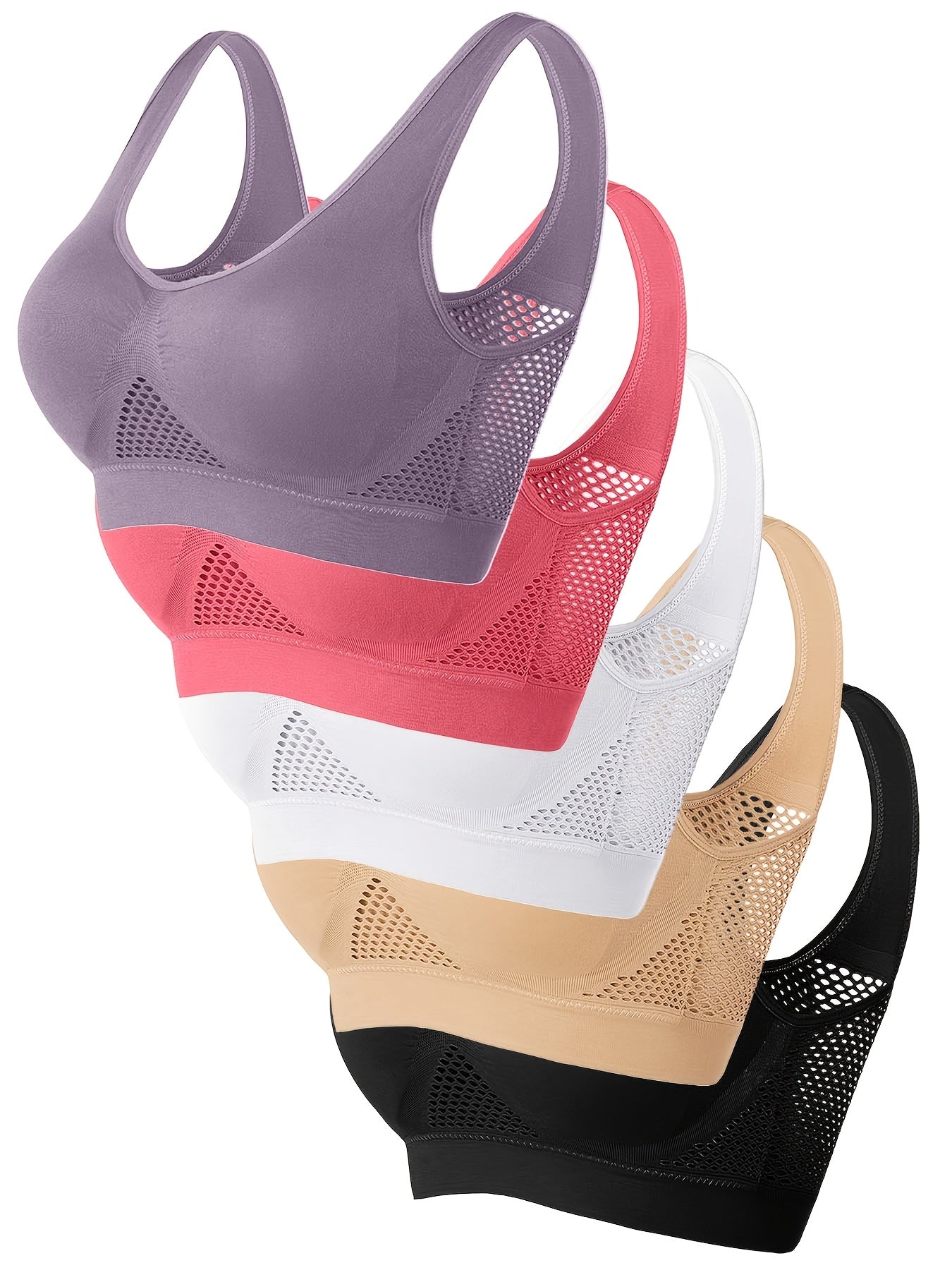 5pcs of Sports Bras, Solid Color