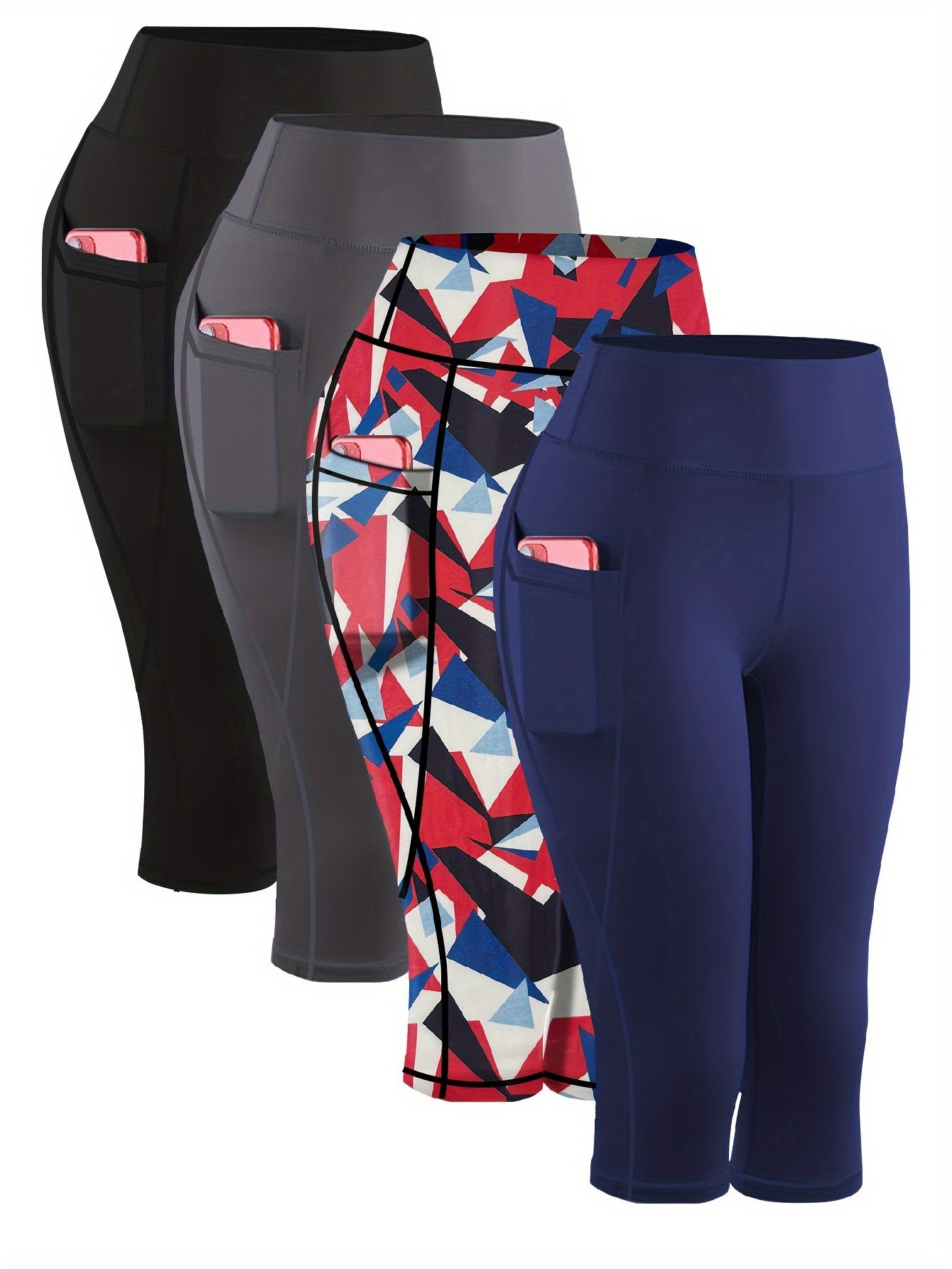 4pcs Plus Size High Waist Capri Yoga Leggings with Pockets