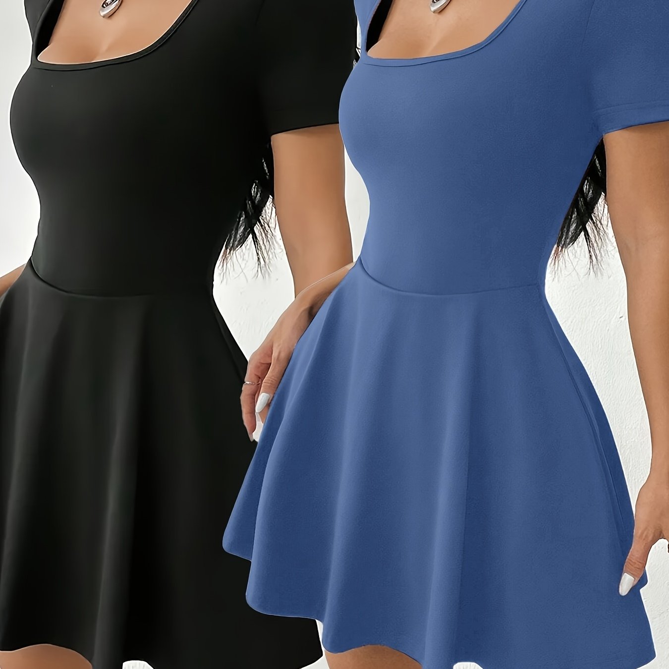 Stretchy Polyester Blend Womens Two Tone Mini Dress