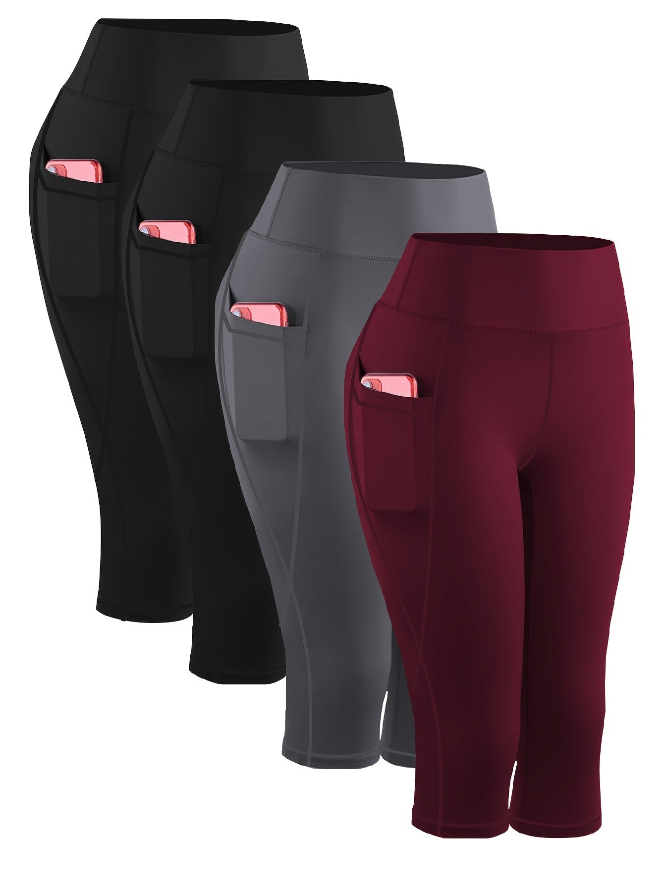 4pcs Plus Size High Waist Capri Yoga Leggings with Pockets