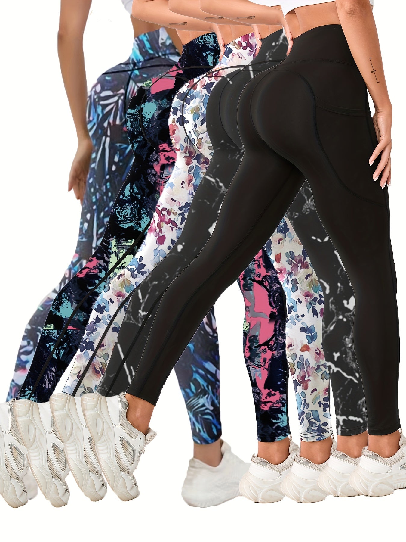 Set of 5 Ultra-Soft Printed Leggings for Women with Pockets,