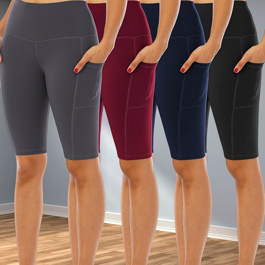 4pcs Women's High-Waisted Yoga Shorts with Side Pockets