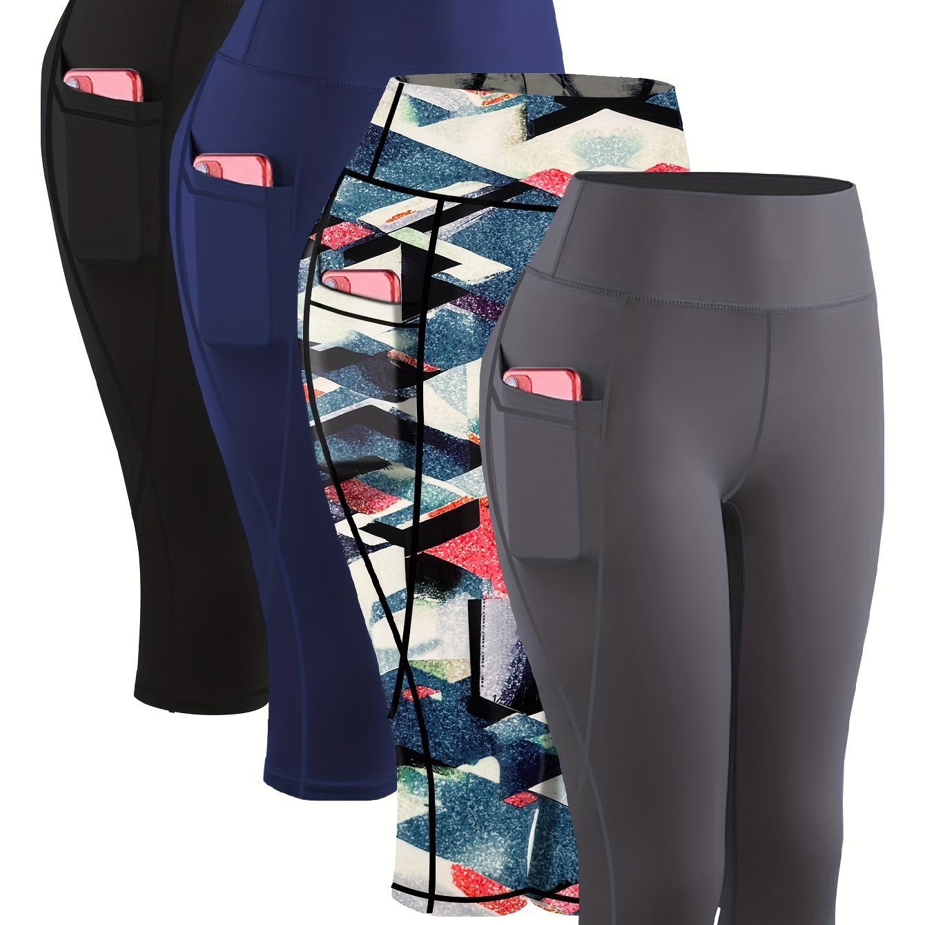 4pcs Plus Size High Waist Capri Yoga Leggings with Pockets