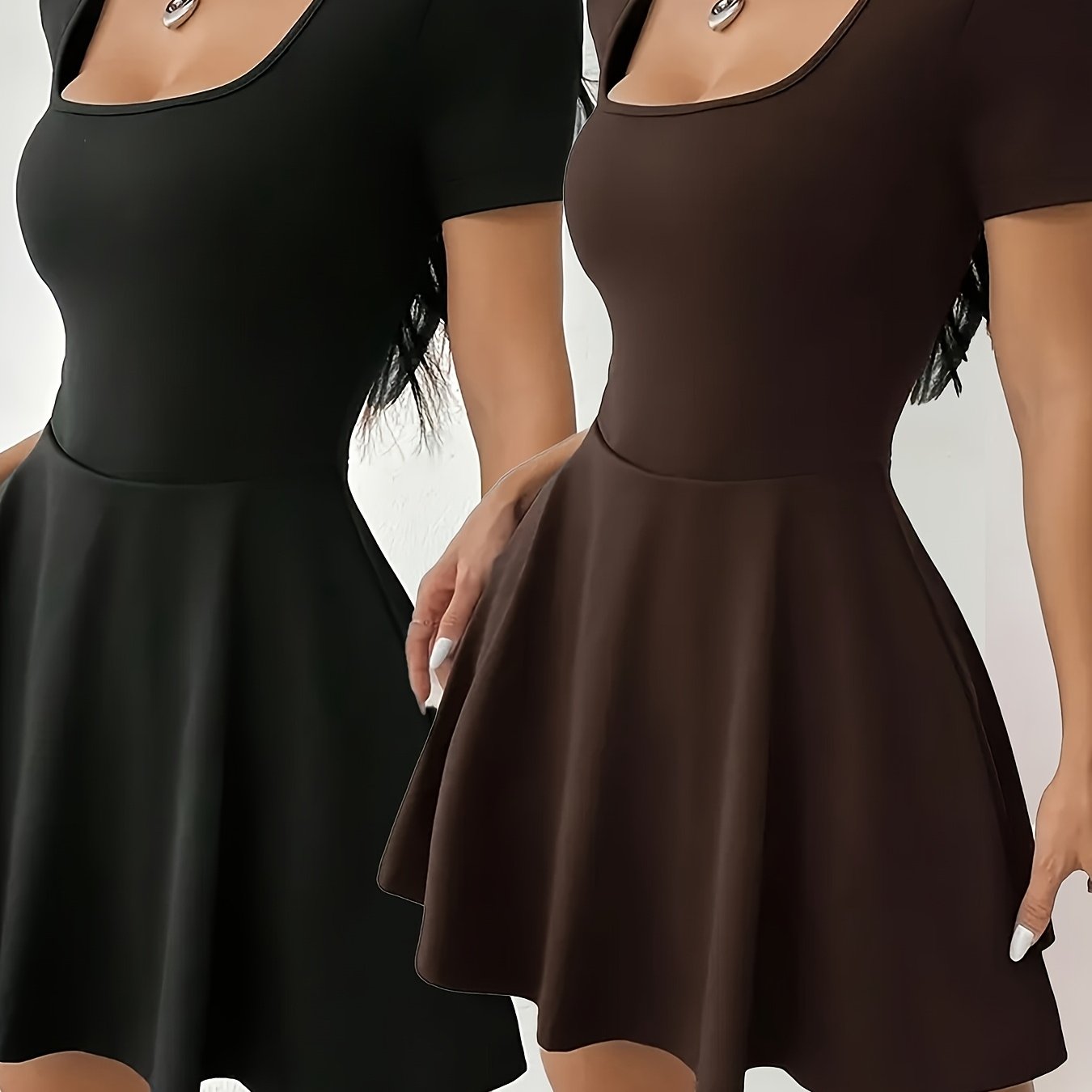 Stretchy Polyester Blend Womens Two Tone Mini Dress