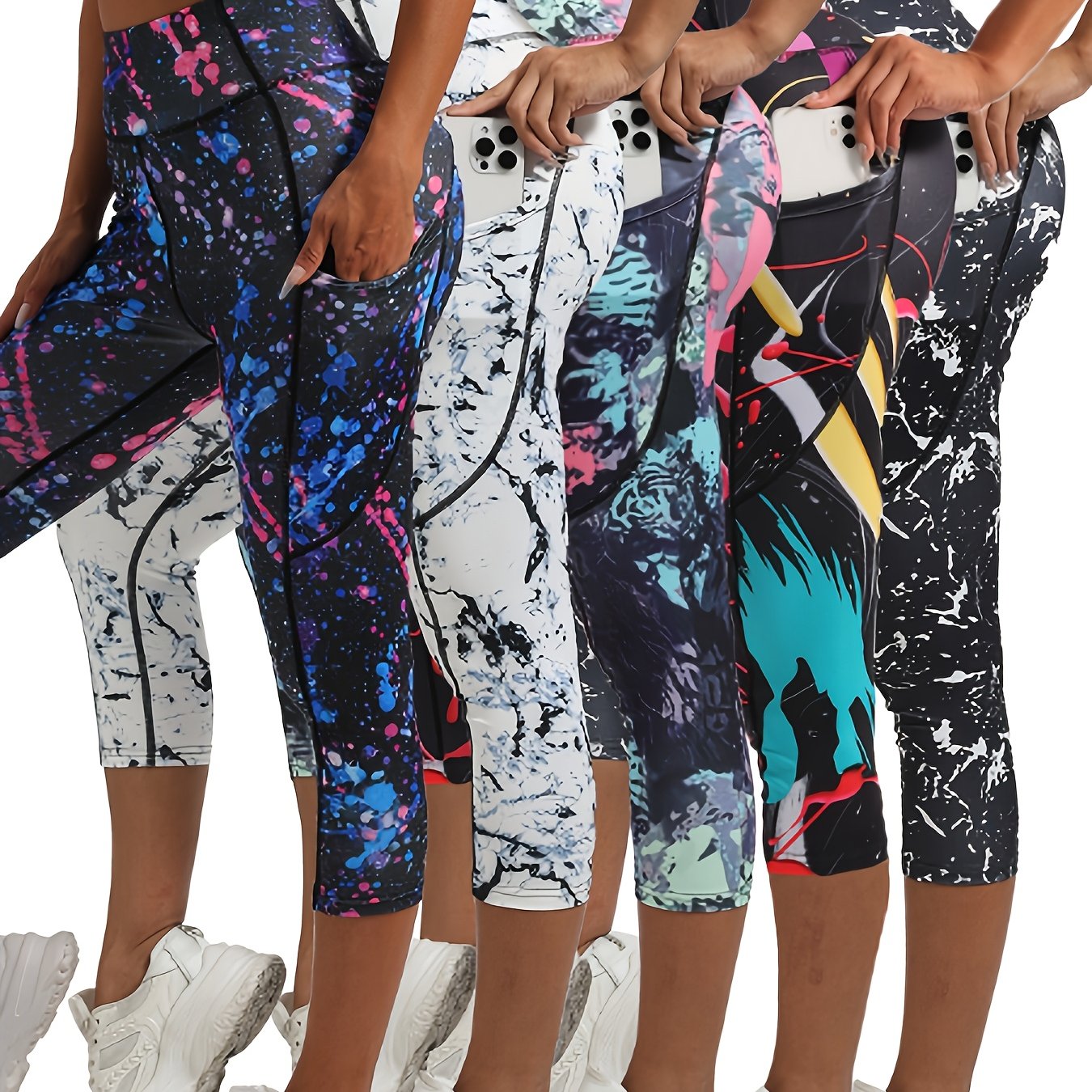 Five Random Printed Yoga Pants Set With Pockets Polyester Elastane