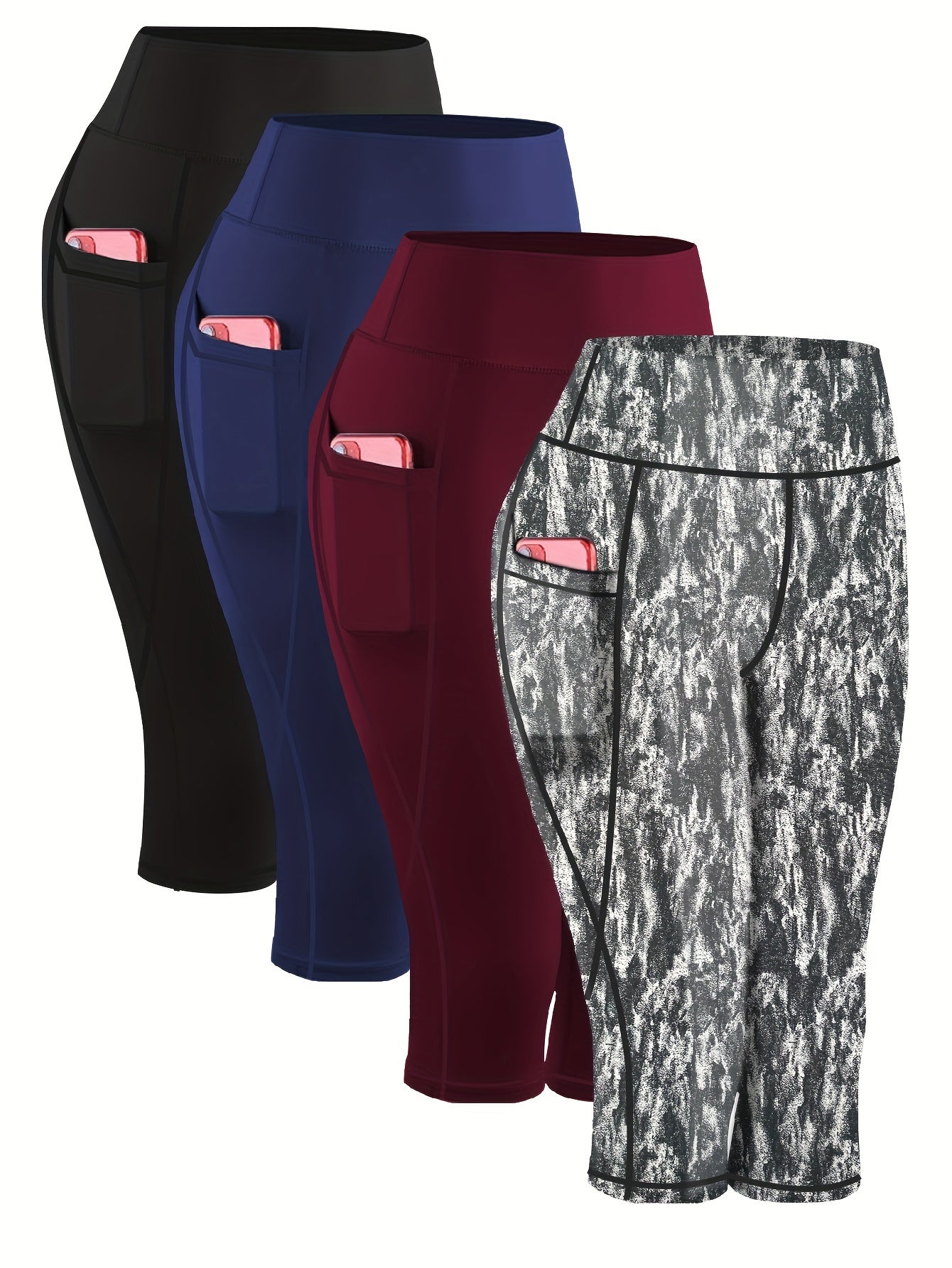 4pcs Plus Size High Waist Capri Yoga Leggings with Pockets