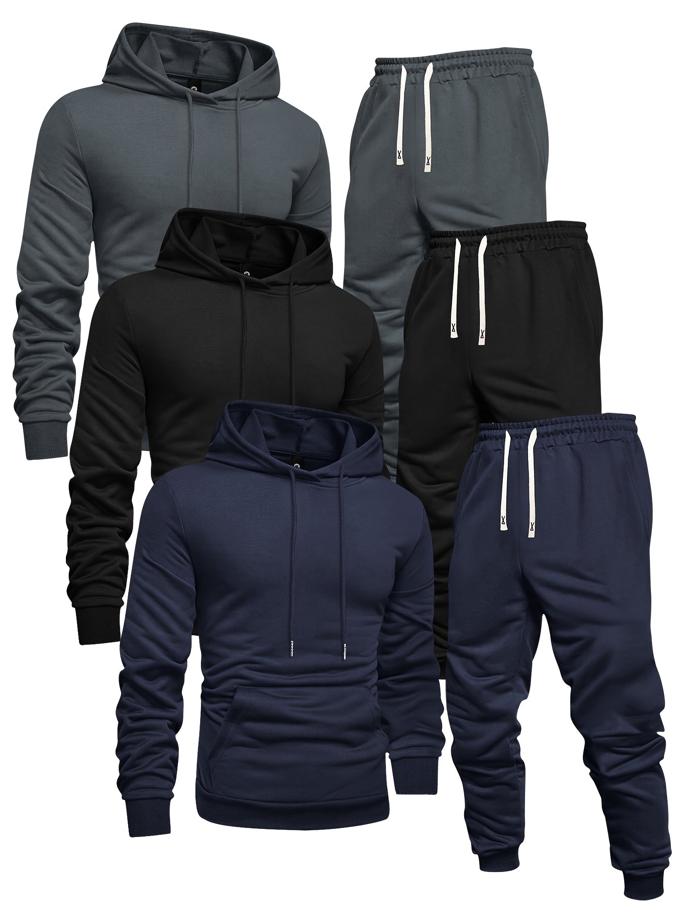 Long Sleeve 3-Pack Men's Casual Sports Hoodie and Sweatpants Set -