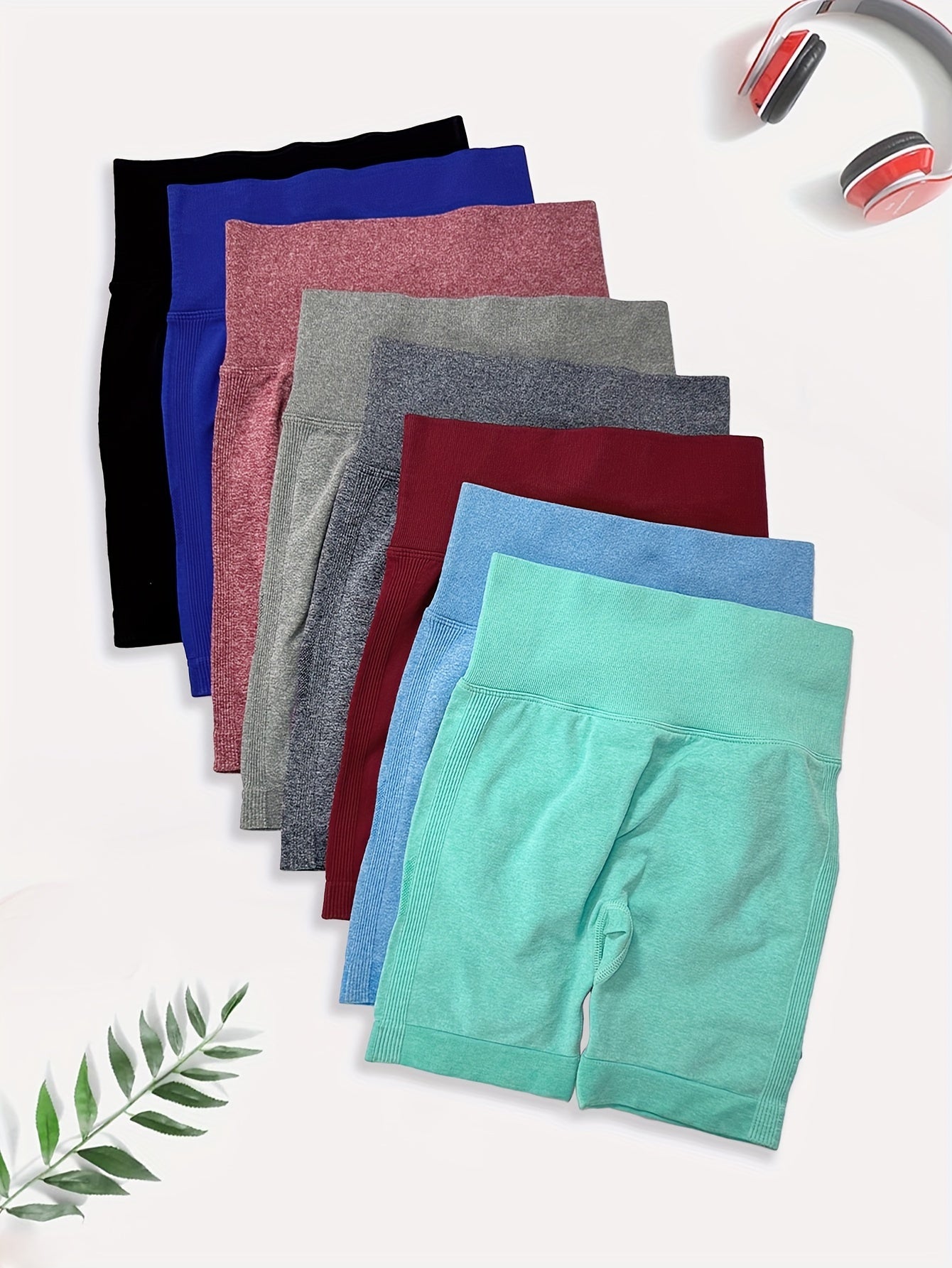 High Waisted 8pcs Solid Color Sports Shorts