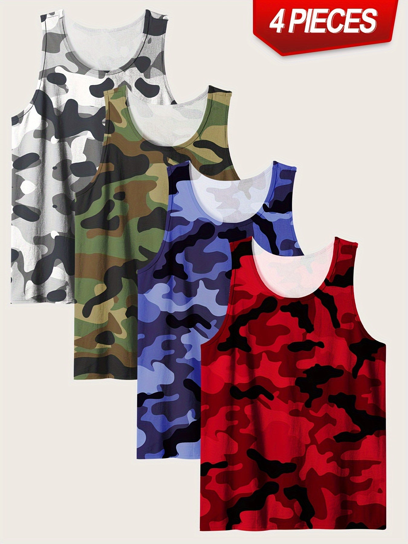 [4pcs Camo Tank Tops] 4pcs Plus Size Men's Camouflage Tank Tops