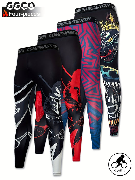 [4pcs Quick-Dry Athletic Pants] 4pcs Quick-Dry Men's Athletic Pants | Stretchy Compression Leggings for Fitness, Basketball, Running, Cycling & Outdoor Training | Vibrant Color Block Design with Bold Lettering, Compression Sp