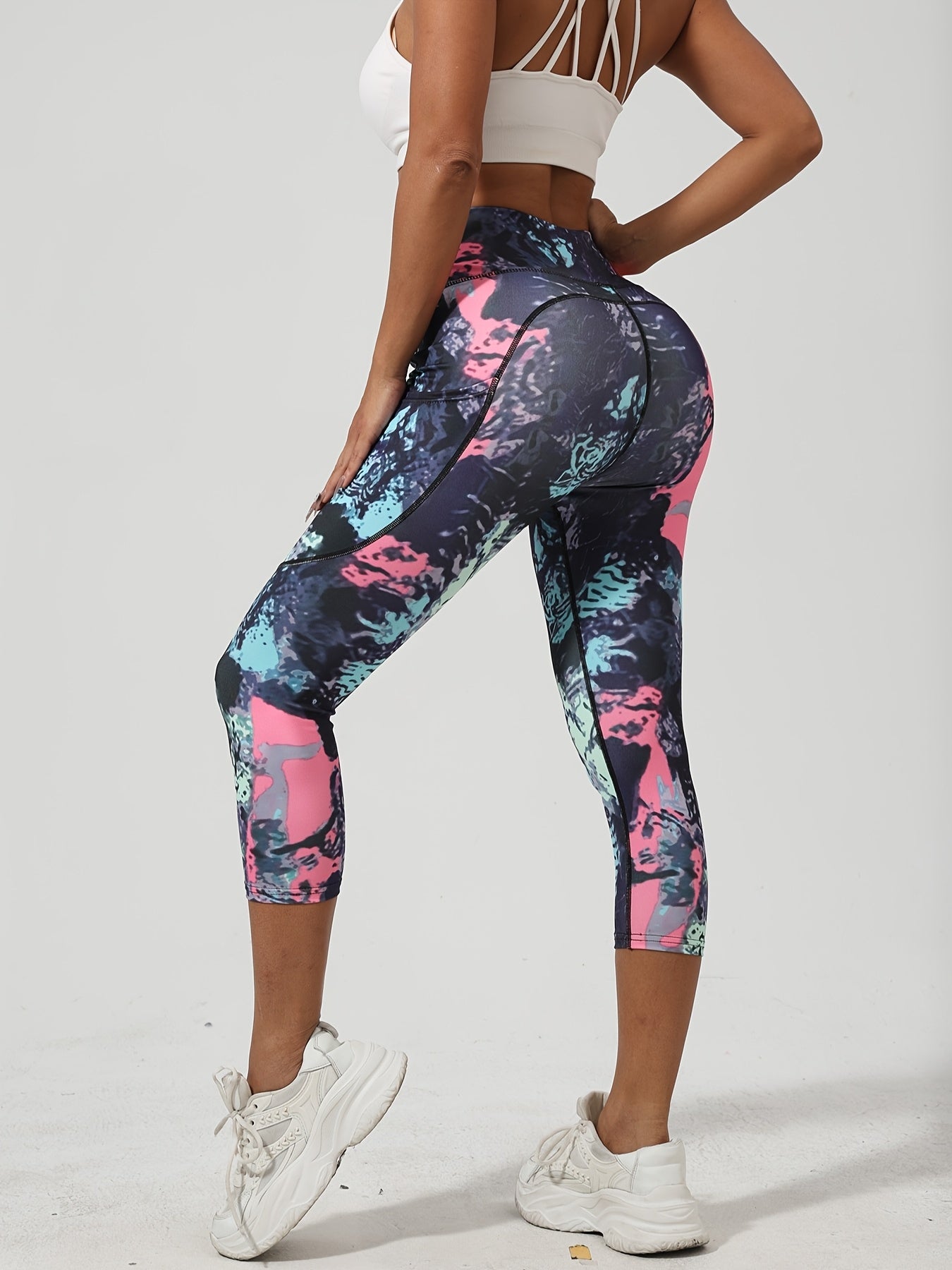Five Random Printed Yoga Pants Set With Pockets Polyester Elastane