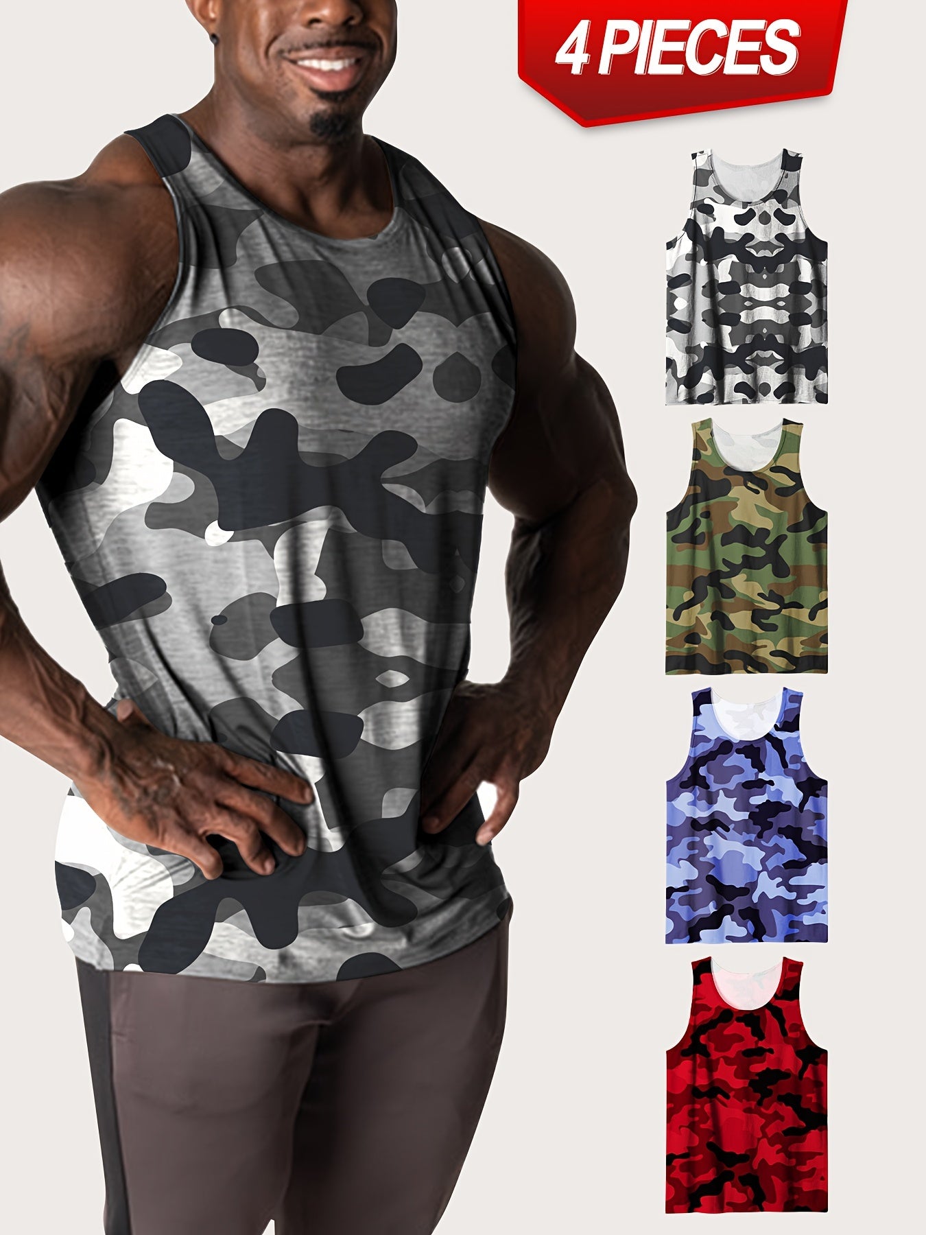 [4pcs Camo Tank Tops] 4pcs Plus Size Men's Camouflage Tank Tops