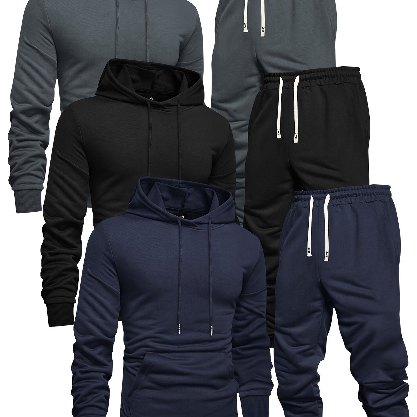 Long Sleeve 3-Pack Men's Casual Sports Hoodie and Sweatpants Set -