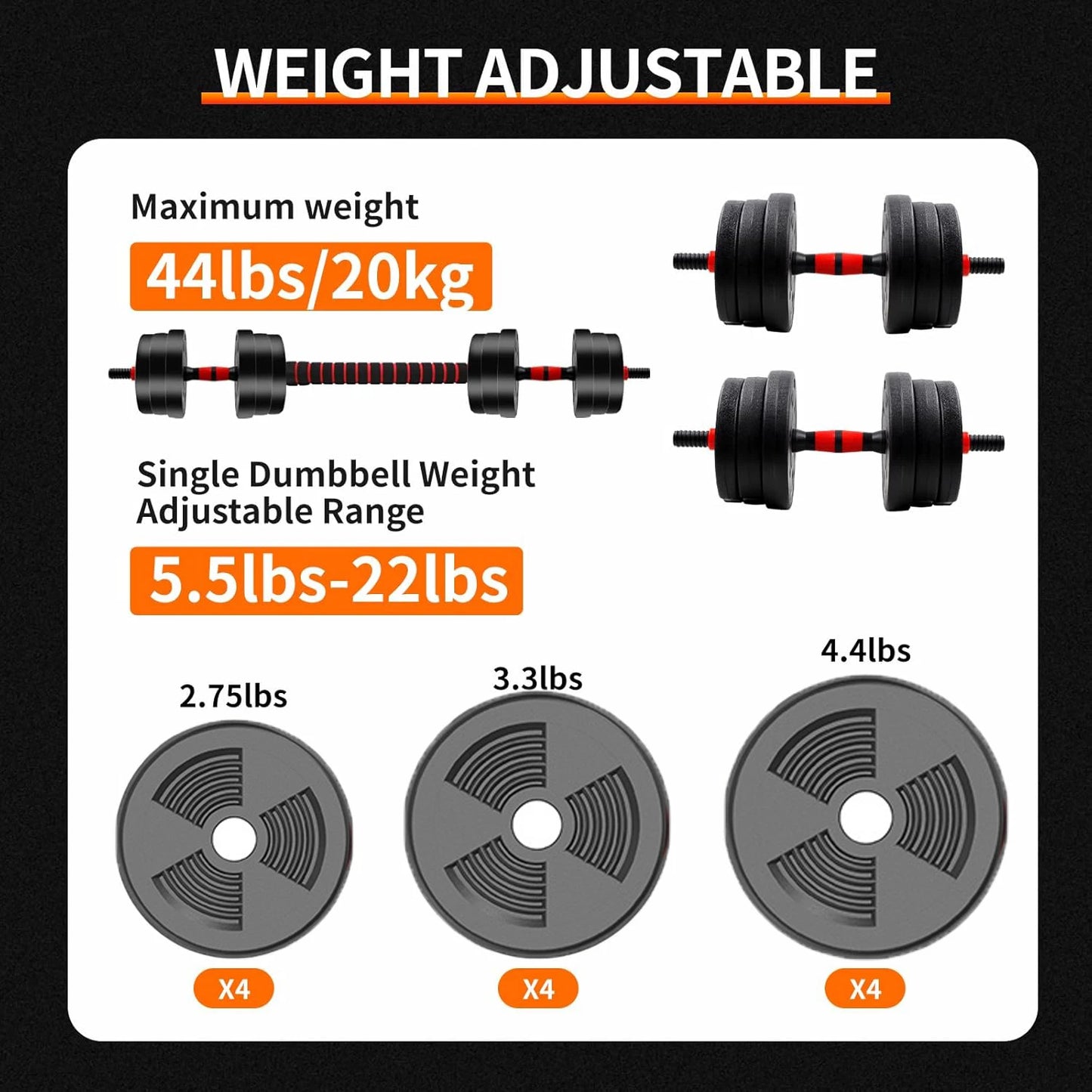 Adjustable Dumbbell To Barbell Set 5to44lbs For Home Gym StrengthAndEnduranceTraining