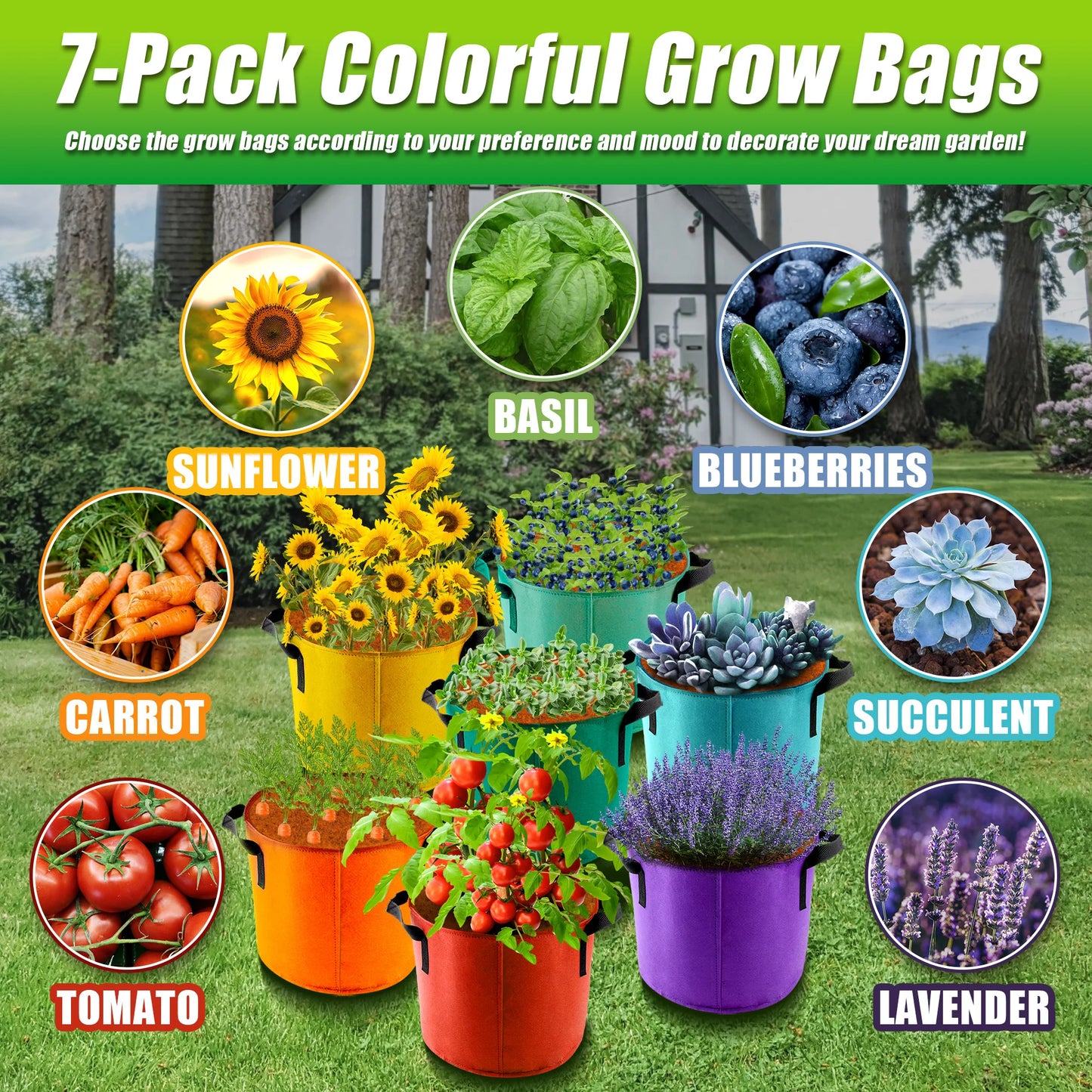 Colorful 5 Gallon Grow Bags 7 Pack for Garden Planting