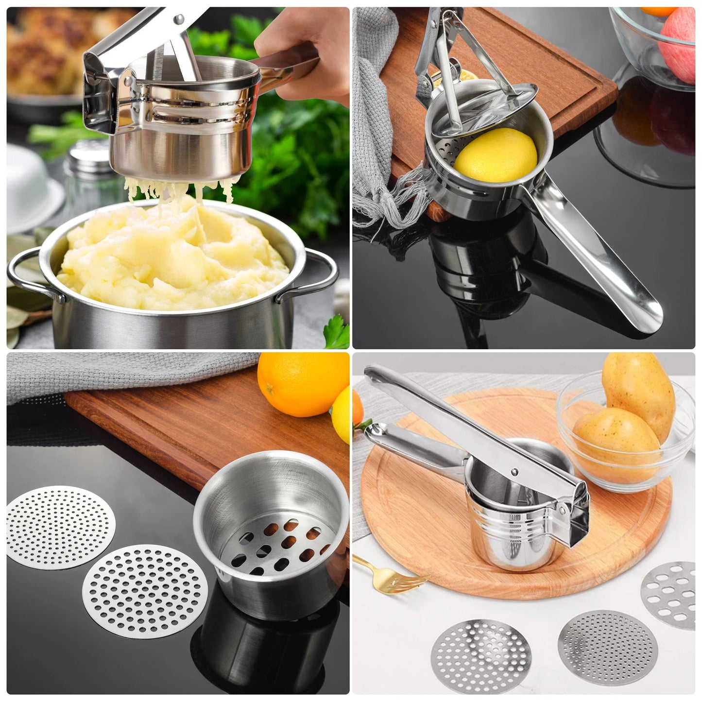 Potato Ricer Stainless Steel with 3 Interchangeable Fineness Discs,