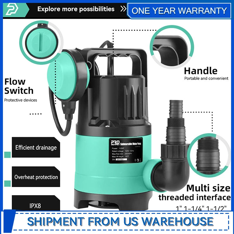 Sump Pump 2000GPH 1/2 HP Submersible Water Pump with Build-in Float SwitchPortable Utility Pump with 15ft Cord By Prostmer