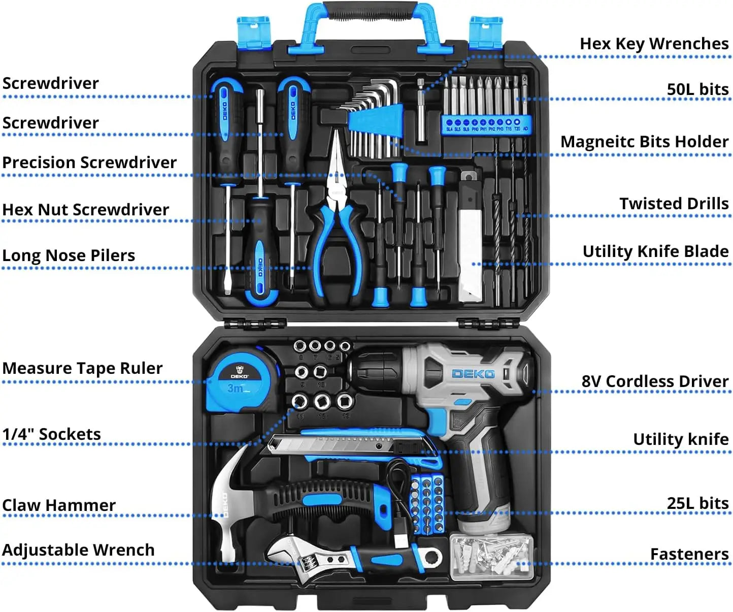 DEKO Drill Set: Tool Set with 8V Blue Cordless Drill