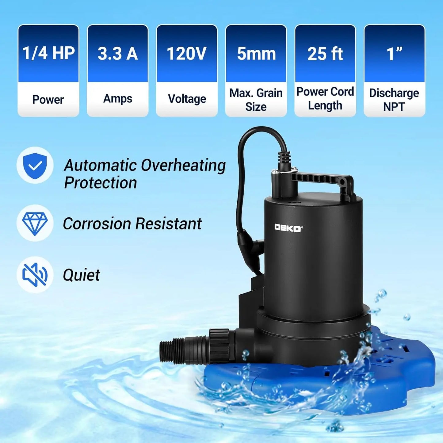 DEKO 1/4 HP Submersible Automatic Swimming Pool Cover Pump