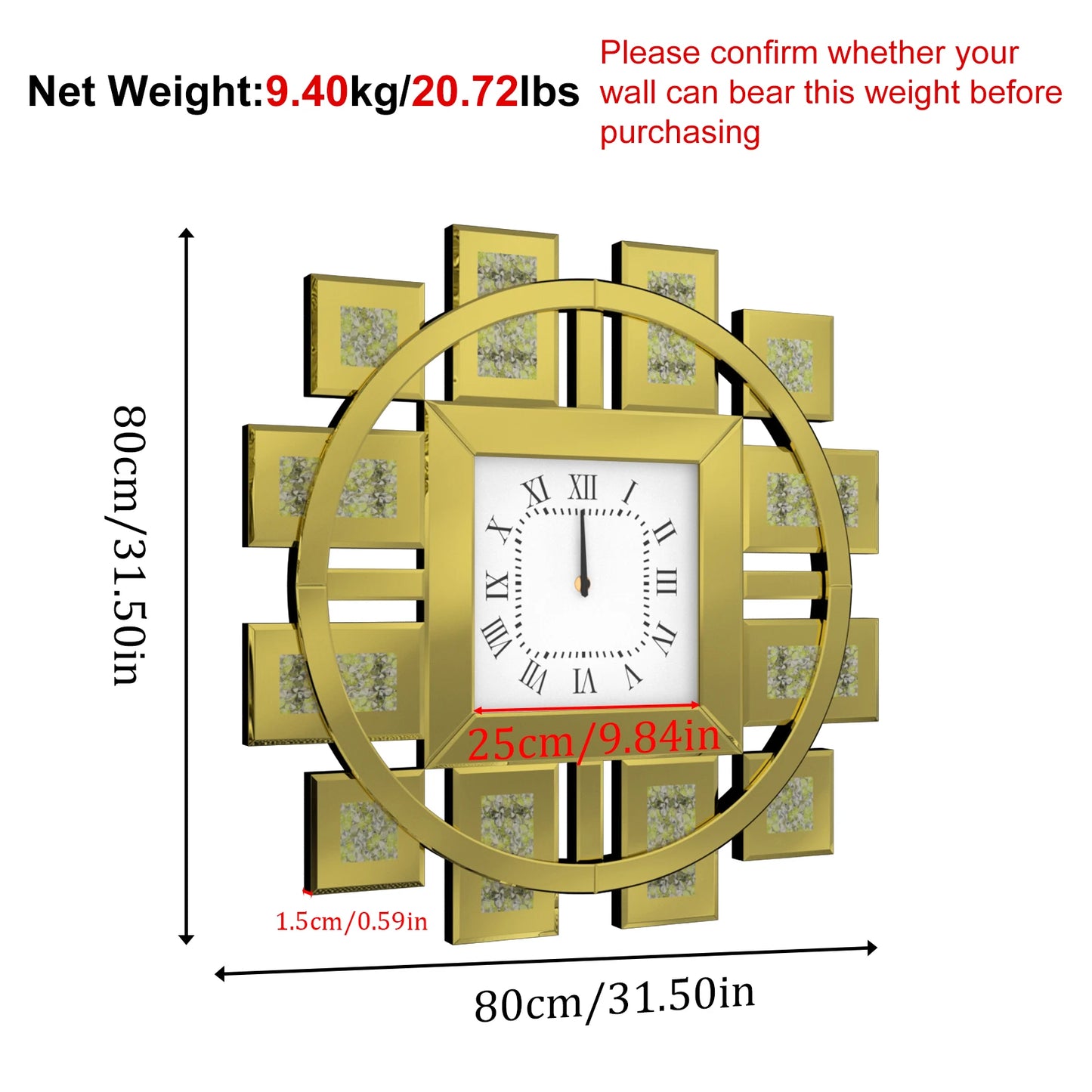 Irregular Large Crush Diamond Mirrored Wall Clock Design