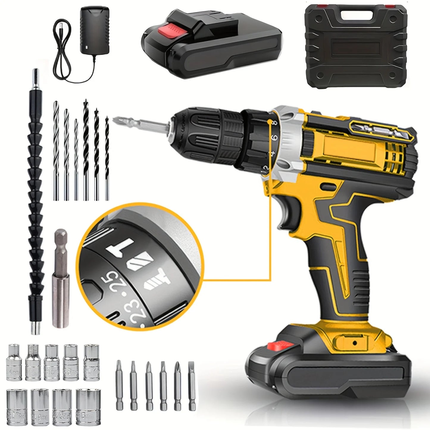 Kzreect 21V Cordless Impact Drill Kit , with Variable-Speed, LED Light, Tool Kit, Rechargeable Li-ion Battery, for Garden DIY