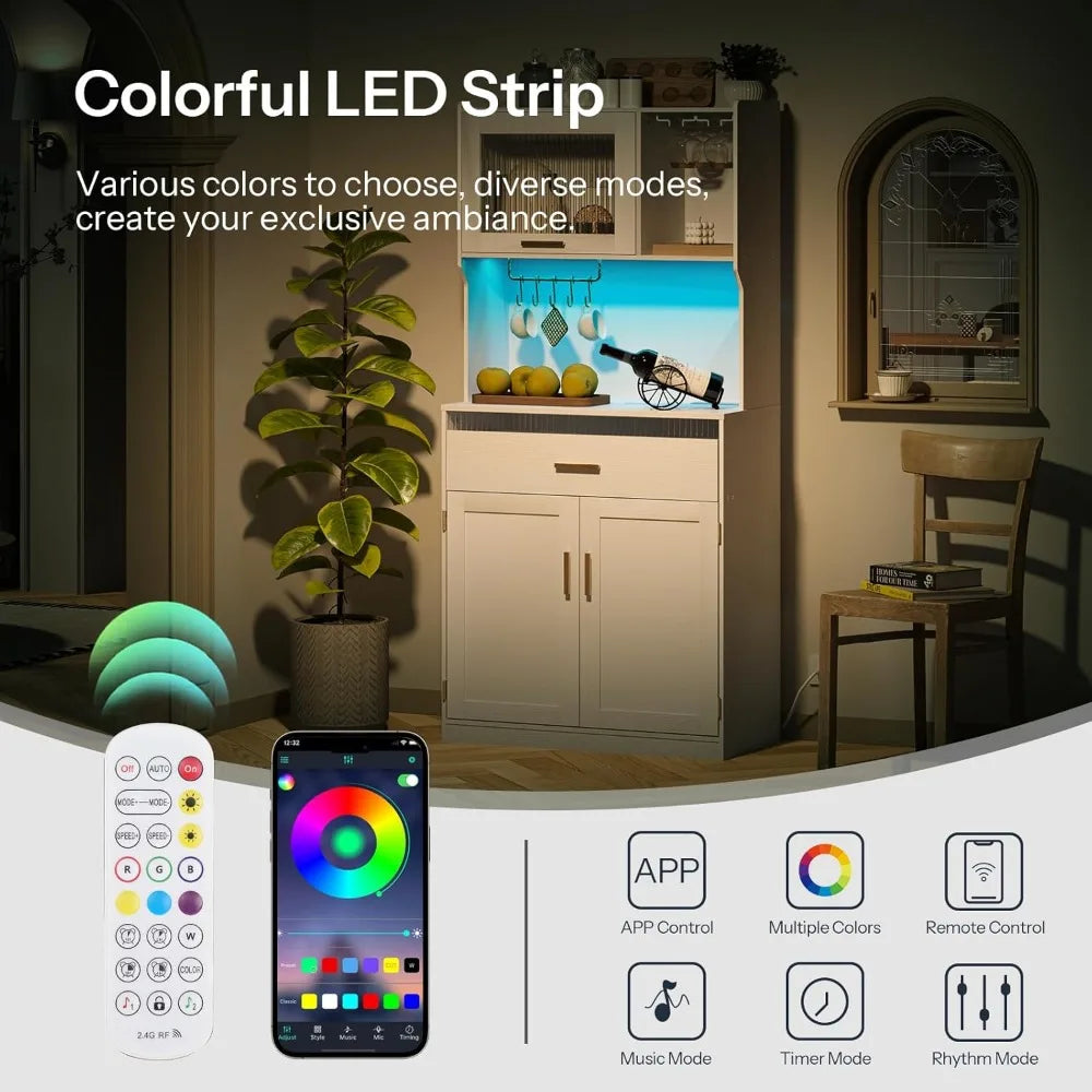 Modern Kitchen Pantry Cabinet with LED Lights,