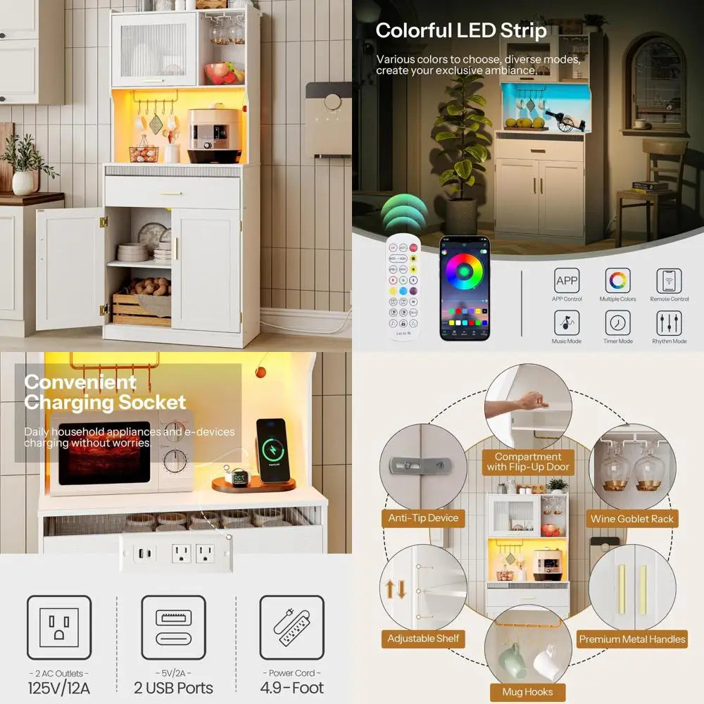 Modern Kitchen Pantry Cabinet with LED Lights,