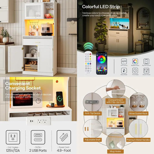 Modern Kitchen Pantry Cabinet with LED Lights,