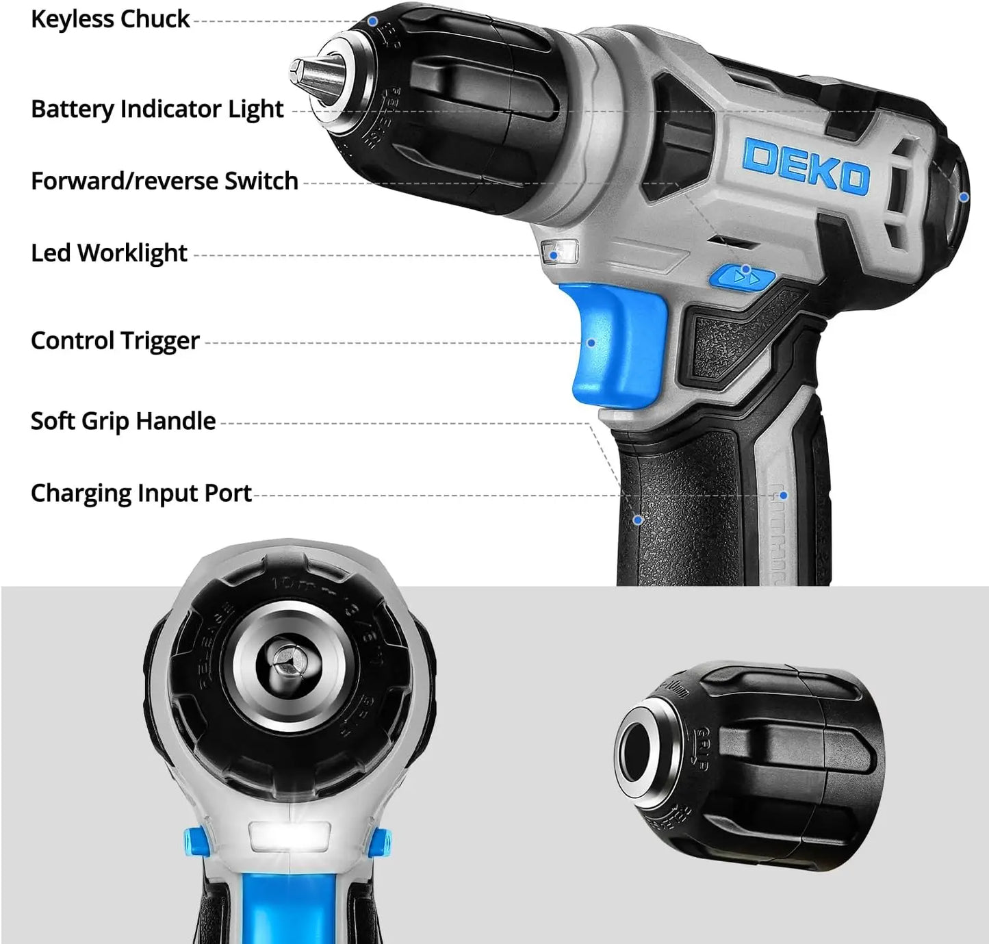 DEKO Drill Set: Tool Set with 8V Blue Cordless Drill