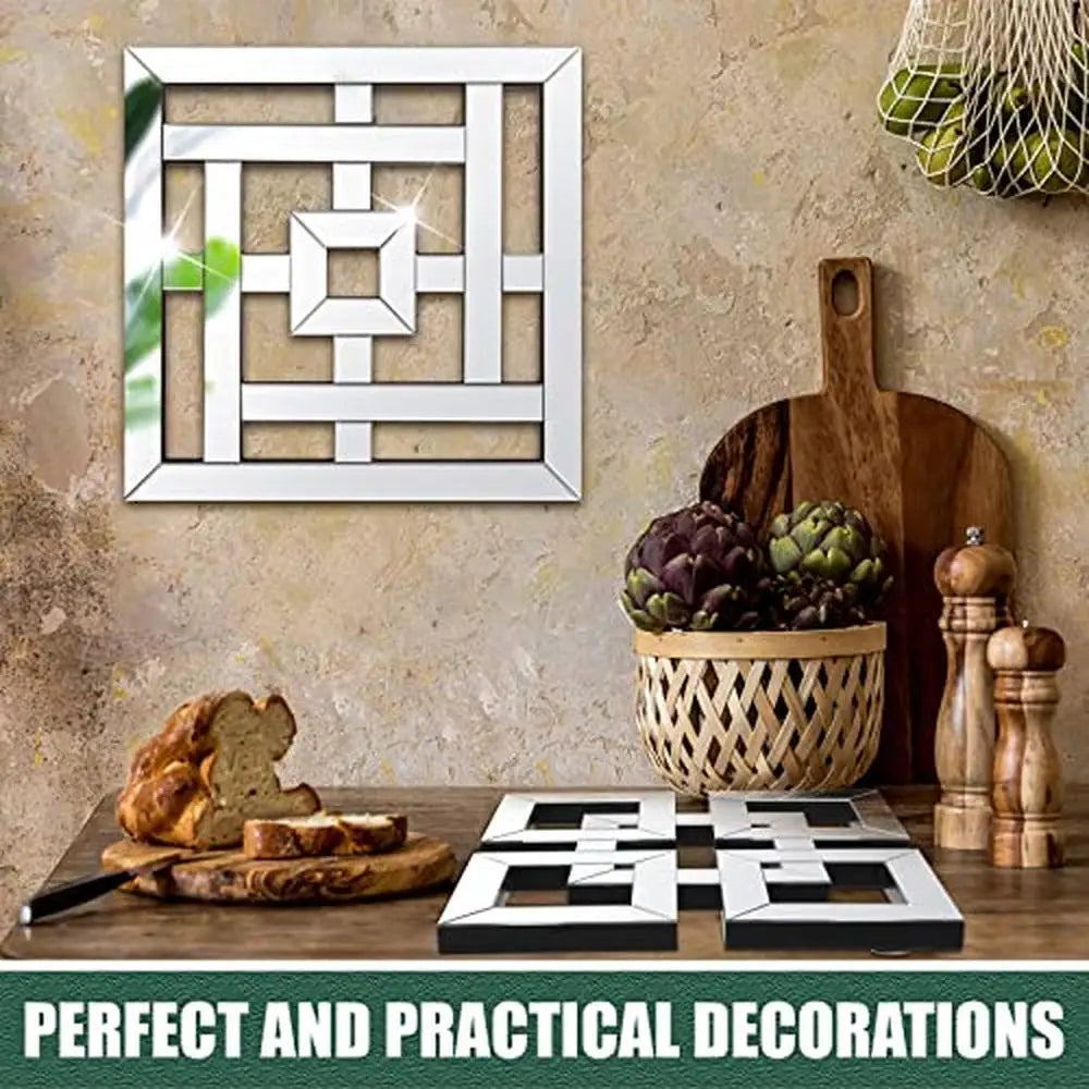 4 Pcs Square Silver Mirror Wall Decor Set 1.2 Inch