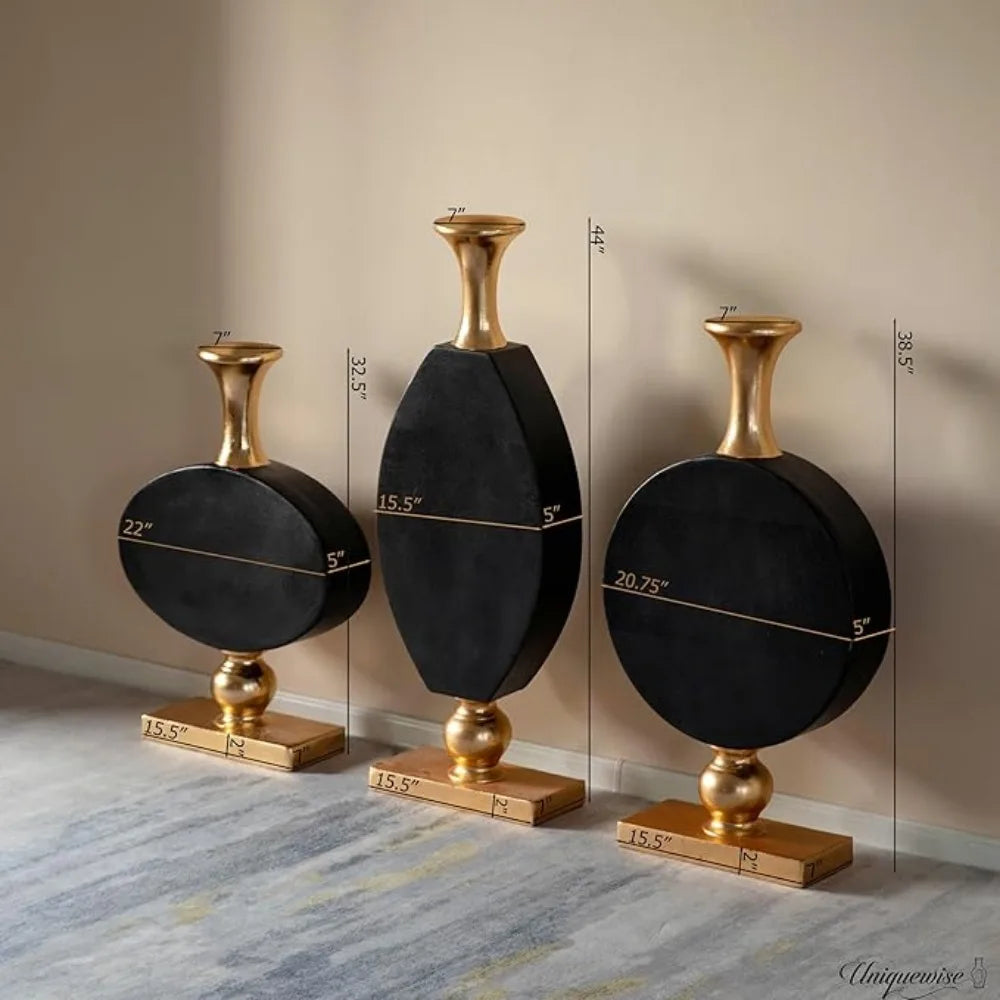 Set of 3 Inch Vintage Gold and Black Tall Floor Vase -