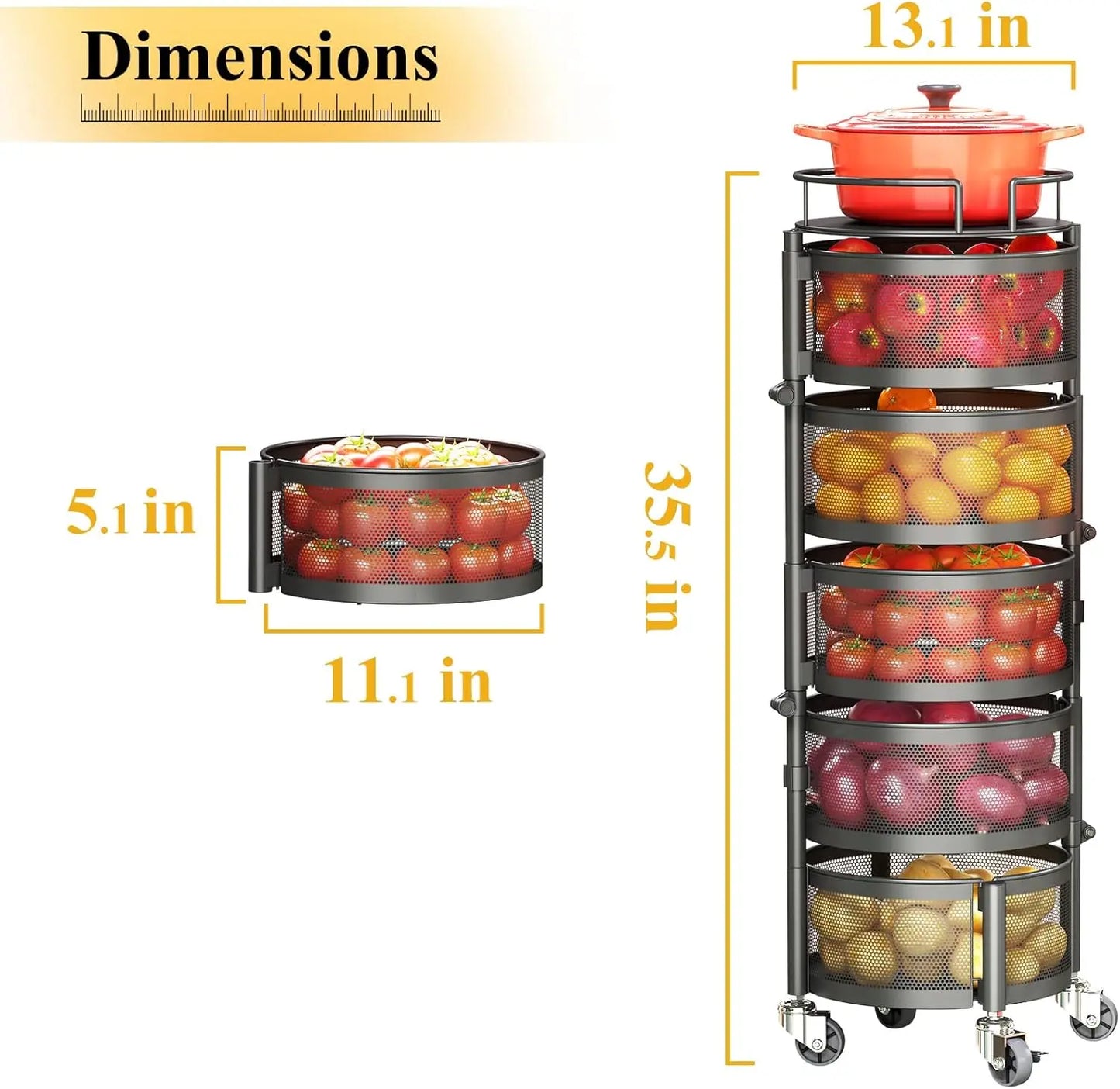 Fruit and Vegetable Basket Bowls for Kitchen with Metal Top Lid,