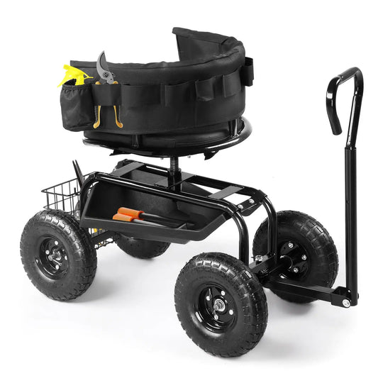 360° Swivel Gardening Cart with Cushioned Seat & Tool Tray -