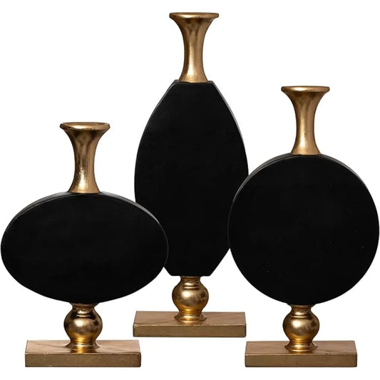 Set of 3 Inch Vintage Gold and Black Tall Floor Vase -