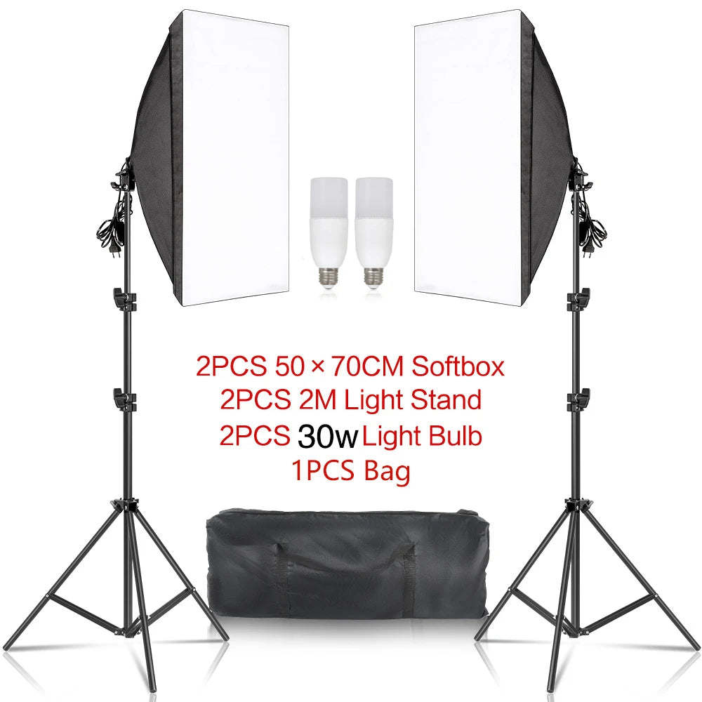 Lighting Kits Photography 50x70CM Softbox Professional Light System With E27 Photographic Bulbs Photo Studio Equipment