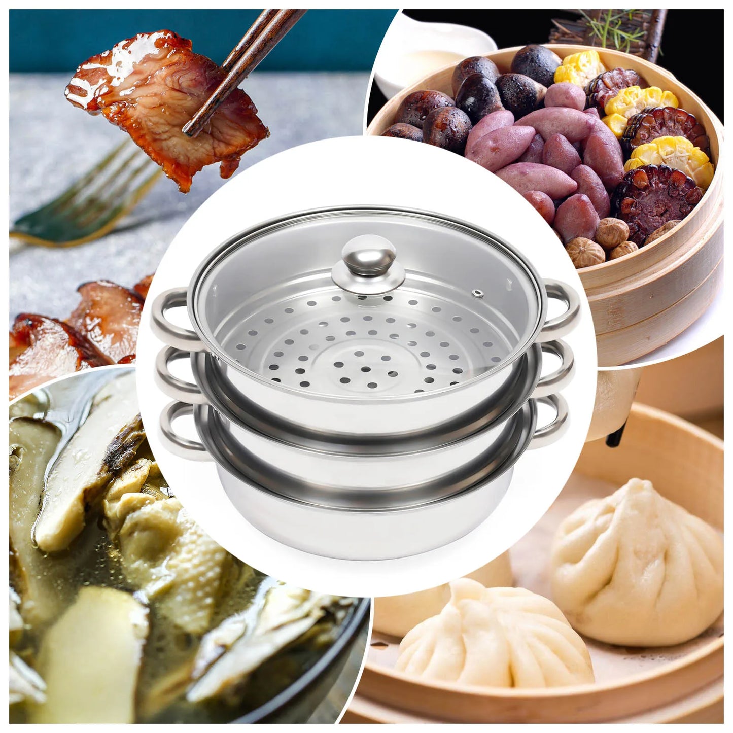 11 Inch Three Tier Stainless Steel Steamer with Glass Lid