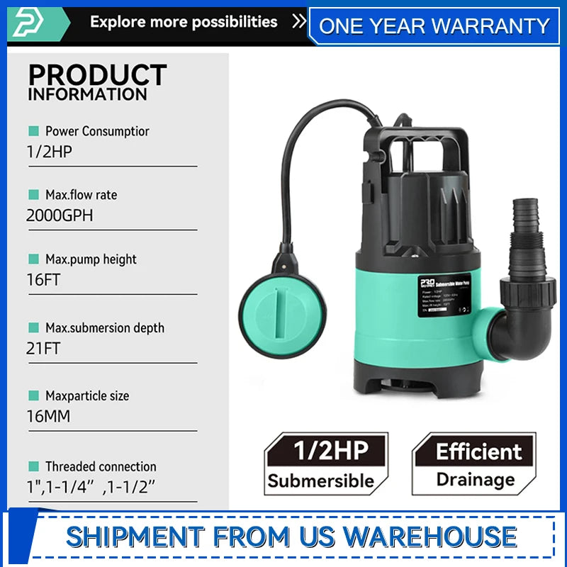 Sump Pump 2000GPH 1/2 HP Submersible Water Pump with Build-in Float SwitchPortable Utility Pump with 15ft Cord By Prostmer