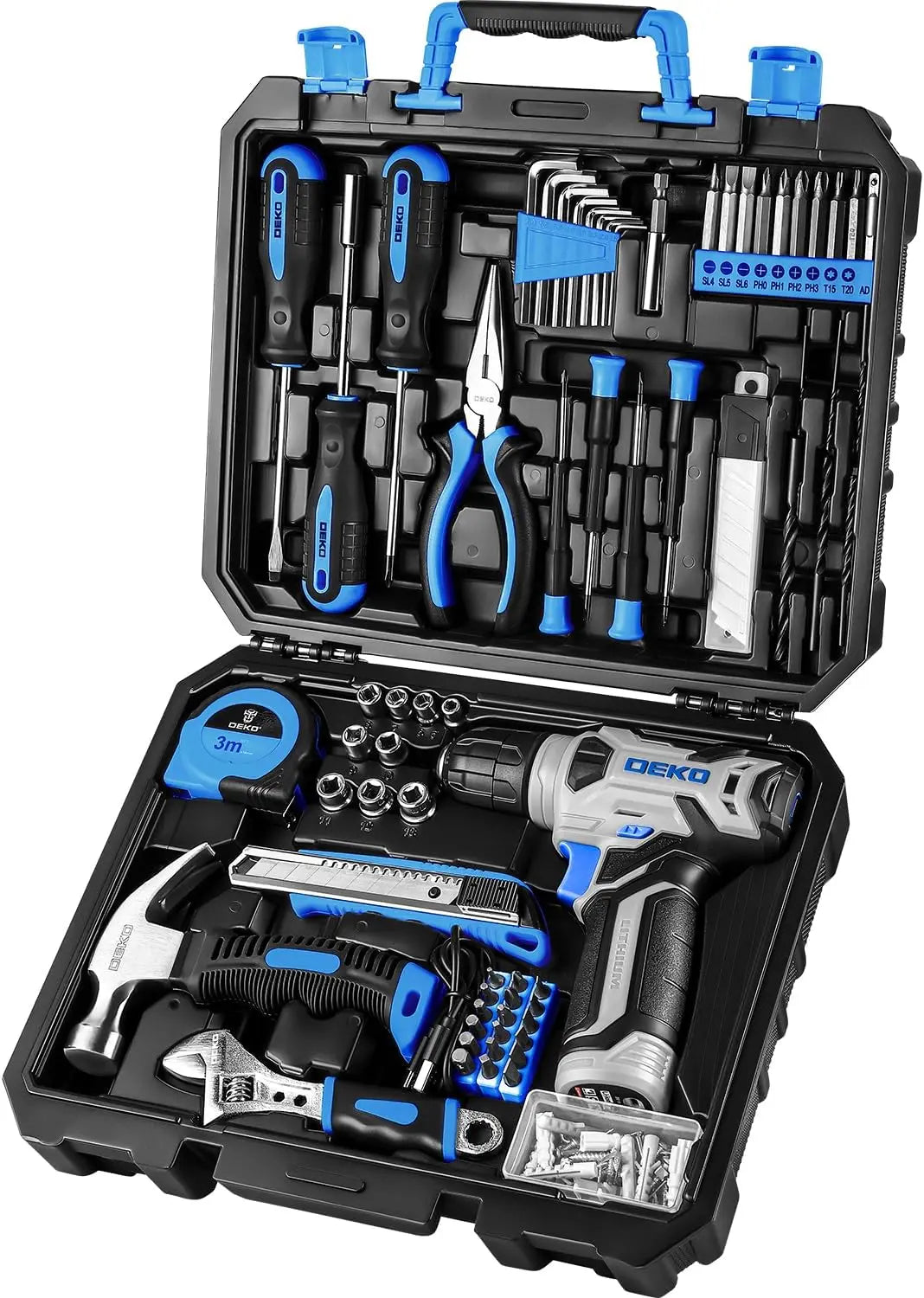 DEKO Drill Set: Tool Set with 8V Blue Cordless Drill