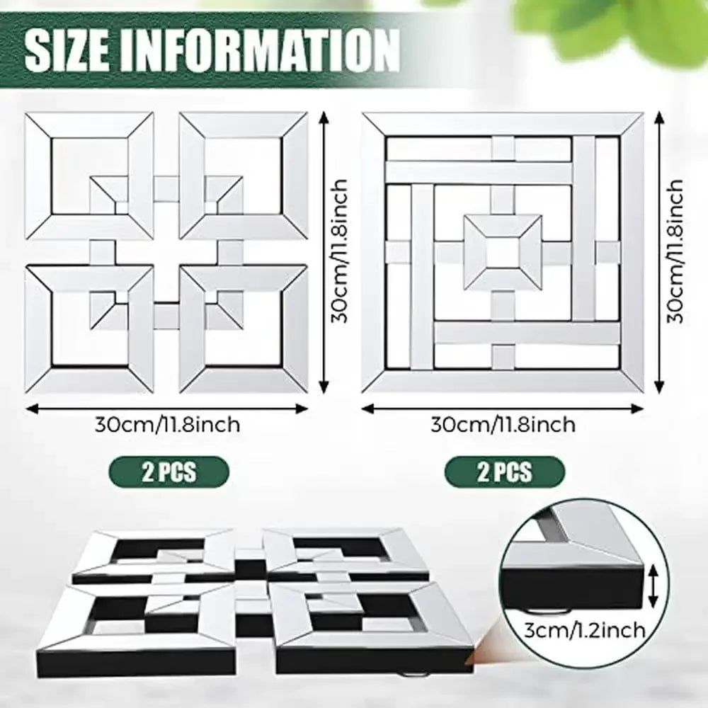 4 Pcs Square Silver Mirror Wall Decor Set 1.2 Inch
