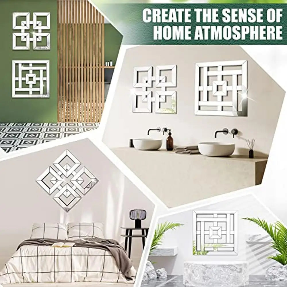 4 Pcs Square Silver Mirror Wall Decor Set 1.2 Inch