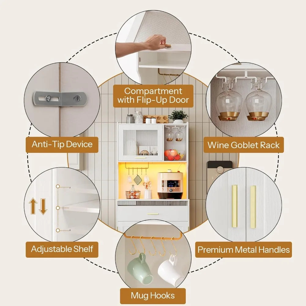 Modern Kitchen Pantry Cabinet with LED Lights,
