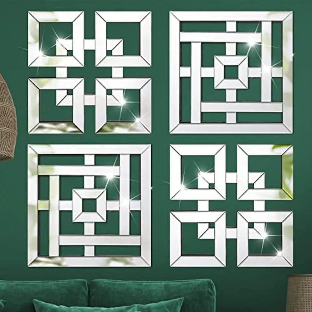 4 Pcs Square Silver Mirror Wall Decor Set 1.2 Inch