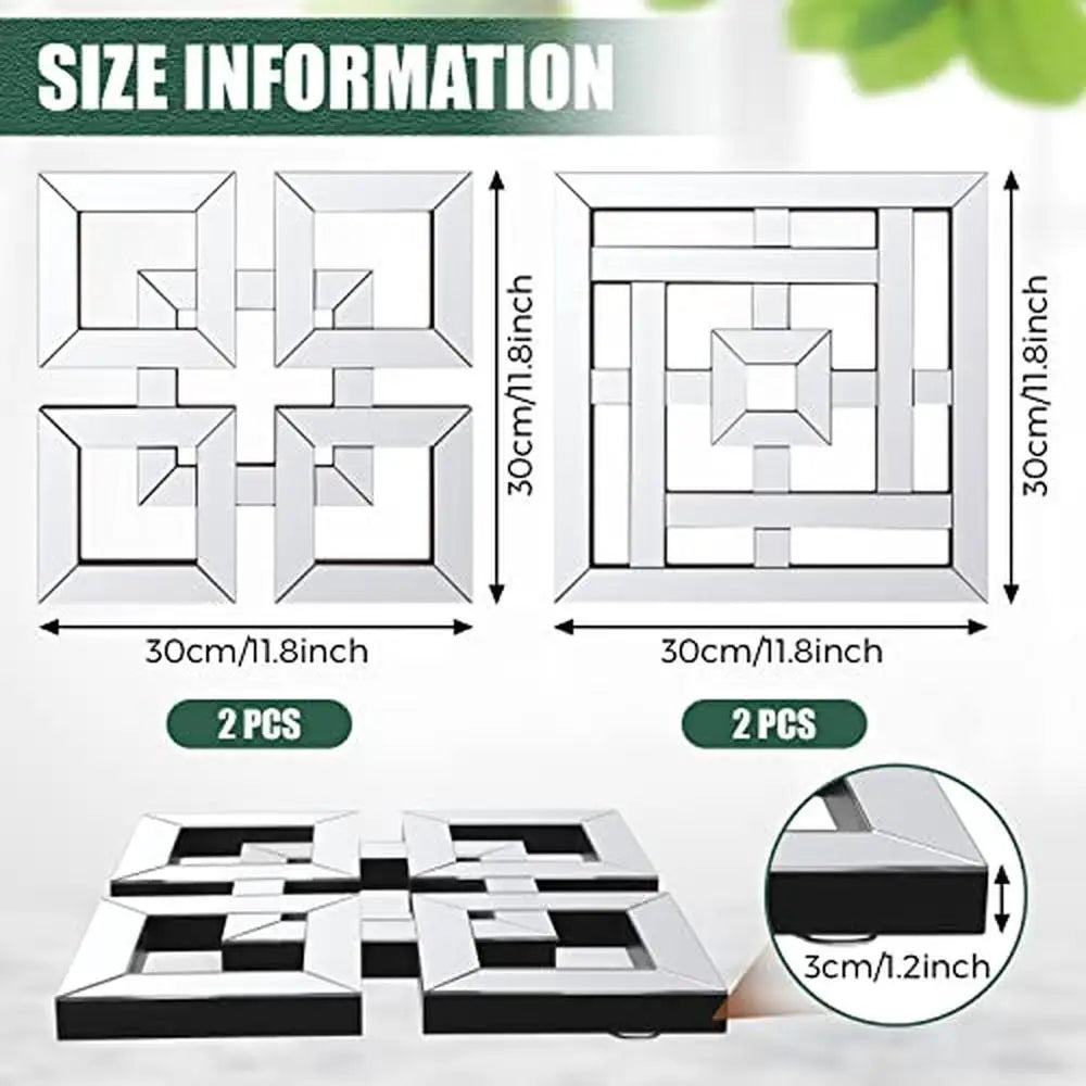 4 Pcs Square Silver Mirror Wall Decor Set 1.2 Inch