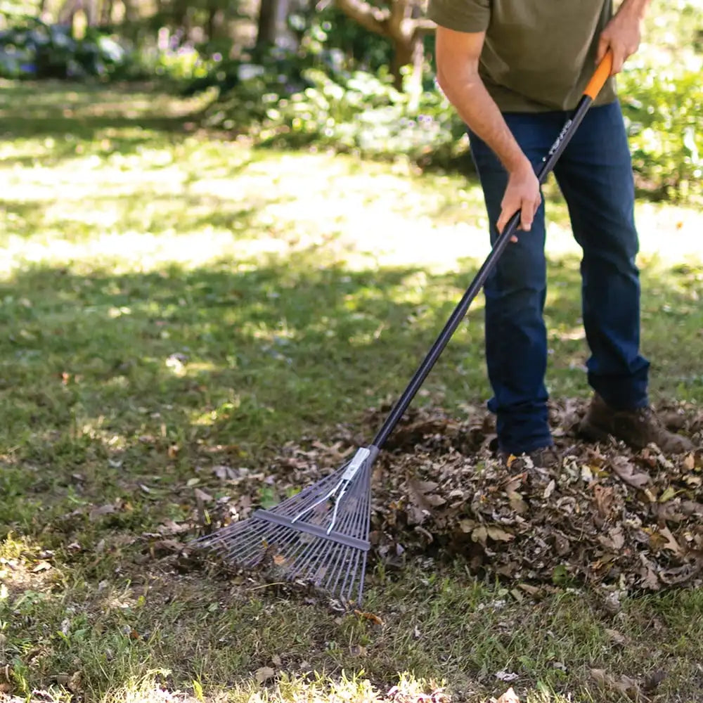 Garden Rake, Metal Tine Leaf Rake with Fiberglass Handle, 62", Black